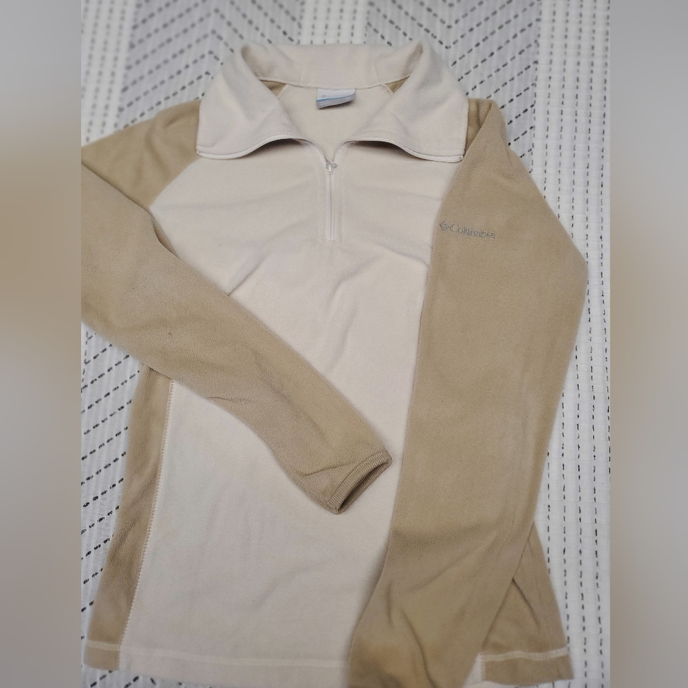 Columbia Womens XS Quarter Zip Fleece Pullover Cream Tan Colorblock Petite Outdo